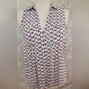 Anthro 5/52 Conversations Bicycle Print Sleeveless Blouse Pleated Collared Top